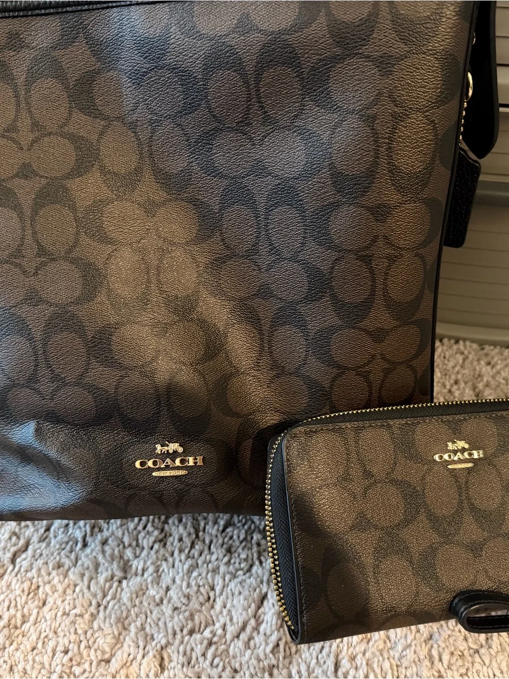 Coach Brown Signature Monogram Messenger Bag with Black Strap and wallet - Picture 3 of 5